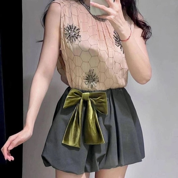 ZARA Elegant Olive Green Bow Bubble Skirt NWT